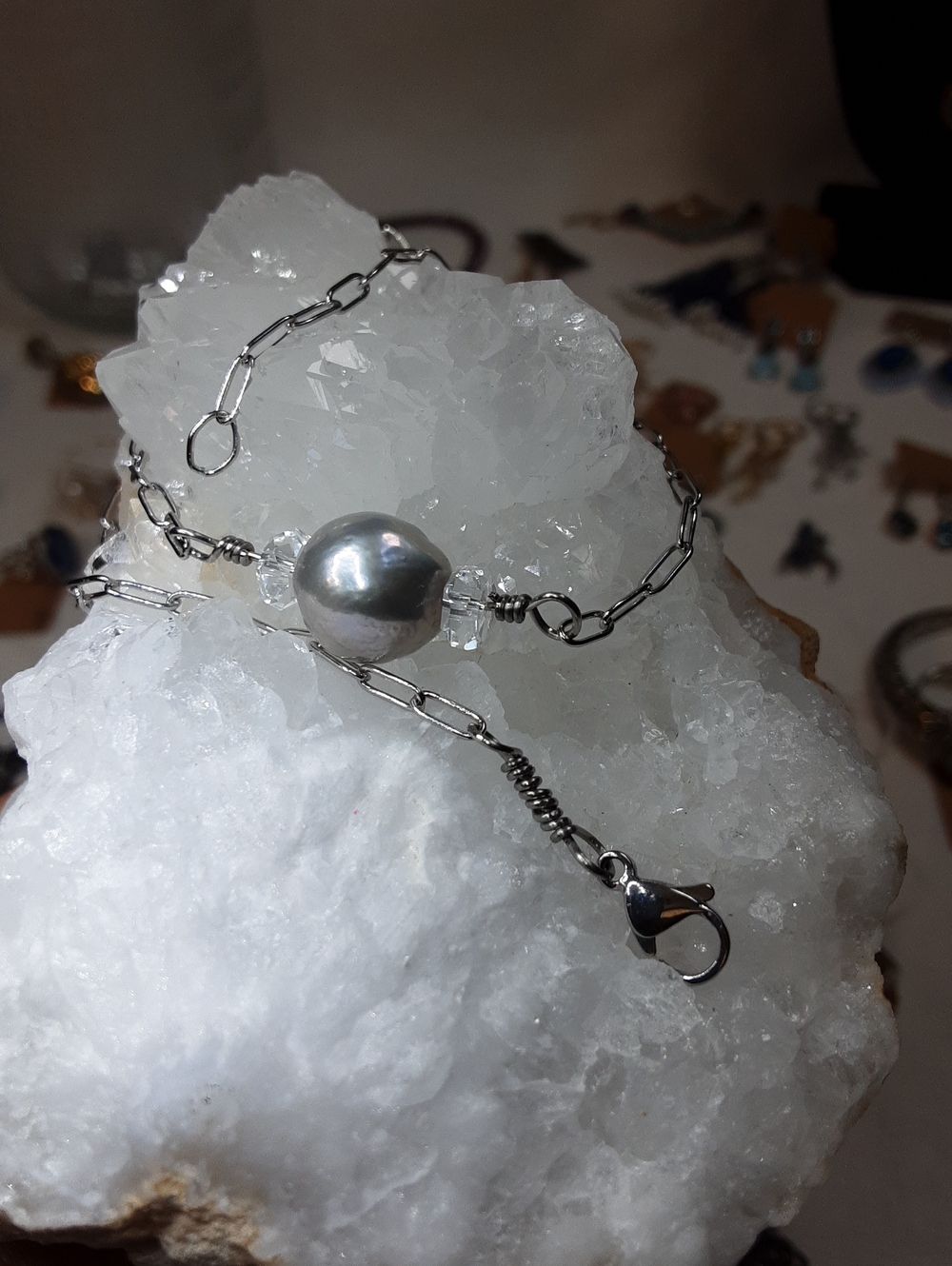 Stainless Steel, Genuine Gray Pearls, Herkimer Diamond Quartz Necklace.